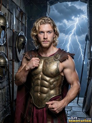 A light-haired man wearing bronze armor stands before a lightning storm