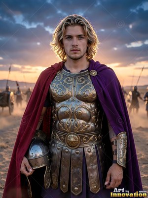 Bronze armor covers a blond man in his youth standing in a dusty field before his army