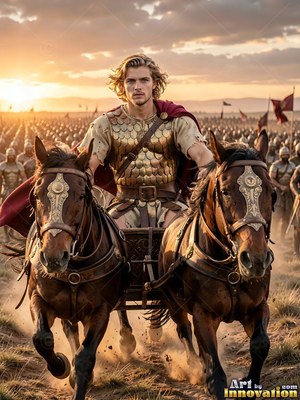 A youthful man drives a two-horse chariot into battle under warm sunset light