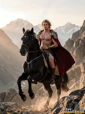 Riding a black horse upright, a shirtless man in a red cape travels rocky mountains