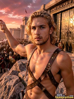 A shirtless light-haired man in leather straps raises his hand before a city gate at sunset