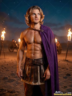 Standing outdoors at night, a muscular man in his youth wears a purple cloak and torches burn behind him