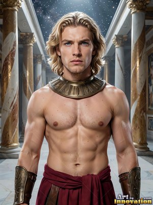 A bare-chested light-haired man standing in a courtyard of marble pillars