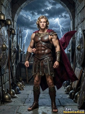 A man in a bronze cuirass stands under a stone arch as lightning flashes outside