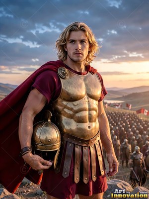 A light-haired man clad in bronze armor holds his helmet before an army in warm evening light