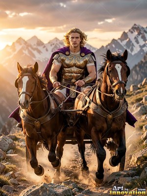 Facing forward in the mountains, a man in his youth drives a chariot behind two brown horses