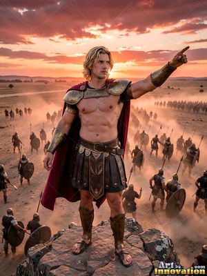 A blond man in bronze armor points ahead above an army at sunset