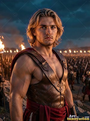 Standing in leather armor, a man with blond hair faces forward before an army with torches