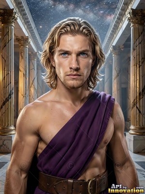 Blond man in a purple sash standing between marble pillars