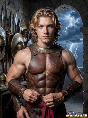 A blond man in leather armor ties his red sash before a stormy stone window