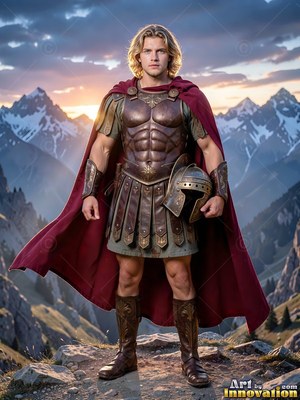 A young adult man stands standing on a mountain ridge wearing armor and a crimson cloak in sunset light