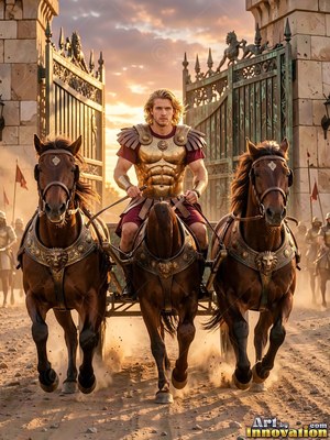 Facing front before open gates, a young bronze-armored man drives three horses