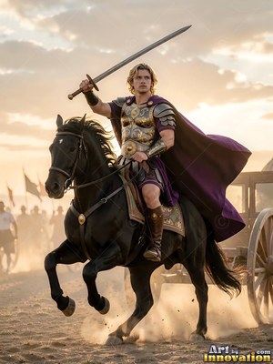 A fair-haired man dressed in bronze armor raises a sword while riding a black horse under a dusty sky
