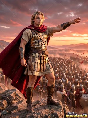 On a rocky hill, a youthful man in armor and a red cape points over his army