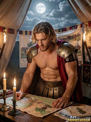 Leaning over a table map, a muscular blond man is standing in a candlelit tent under the moon