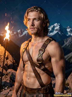 A shirtless man in leather straps stands near a torch in the mountains