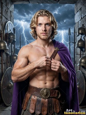 A shirtless blond man buckles a purple cloak against pale lightning flashes