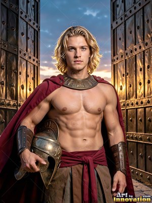 Facing forward by bronze gates, a bare-chested blond man holds a helmet in a crimson cloak