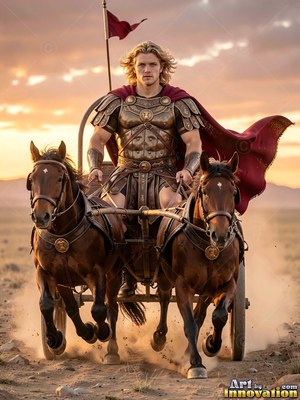 A blond-haired man wearing bronze armor drives a horse chariot across dry dirt at sunset