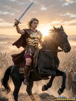 On a battlefield at sunrise, a man in his youth raises a sword atop a rearing black horse