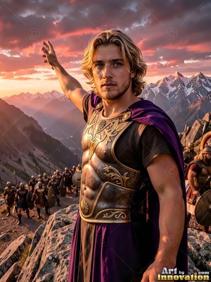 Reaching his hand out, a man in his youth wearing bronze armor leads his soldiers through snowy mountains