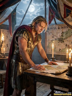 A man dressed in bronze armor leans over a map inside a tent