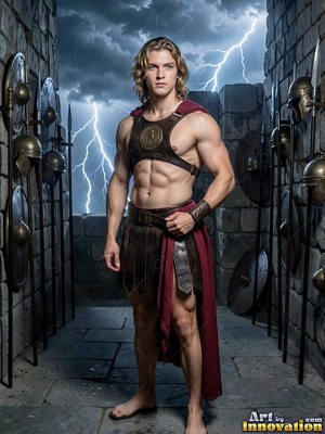 Standing tall on a stone rampart, a muscular man poses before lightning