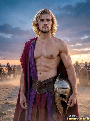 A shirtless fair-haired man in a purple cloak holds a helmet on a battlefield