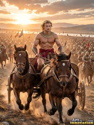 On a dusty plain at sunset, a shirtless man drives a two-horse chariot before an army