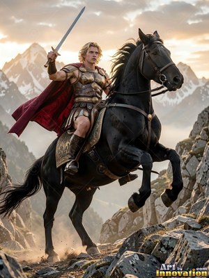 Rearing on a black horse, a blond man raises his sword on a mountain trail