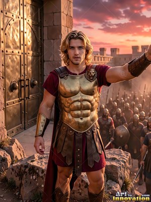 Young fair-haired man in gold armor gestures before an army outside gates