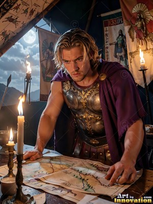 Draped in a purple cloak, a light-haired man in bronze armor studies maps inside a candlelit tent