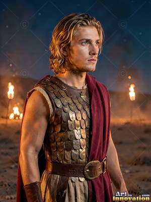 A young blond man stands in scale armor with a crimson cloak beside torches