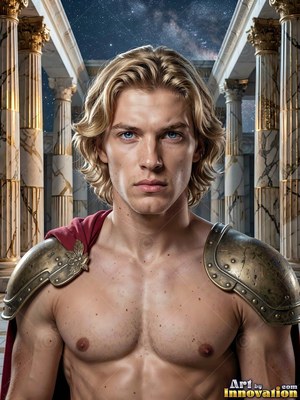 Facing forward among marble columns, a blond shirtless man wears bronze shoulder armor
