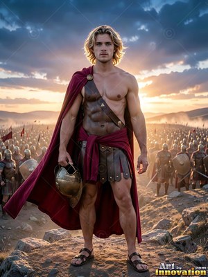 On a rocky hill, a blond man stands in leather armor before a sunset army