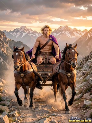 Riding a chariot, a muscular man in a purple cape steers two brown horses downhill