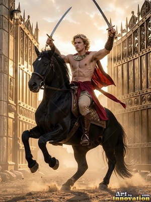 A young man on a black horse raises two swords before a gate