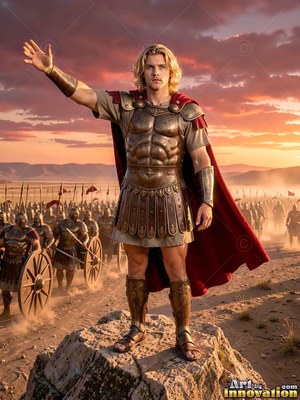 A bronze breastplate clothes a blond man raising his arm before an army at sunset
