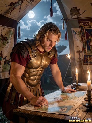 A blond bronze-armored man studies a map under warm candlelight inside a tent