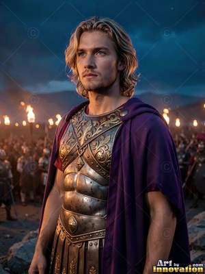 Standing upright before his torchlit army, a young man wears armor and a purple cloak