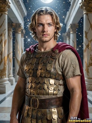 A blond young man clad in bronze armor and a red cape stands under the night sky