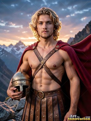 On a mountain ridge, a blond man in his youth stands wearing a red cape and holding a helmet