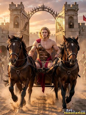 Riding a wooden chariot, a blond bronze-armored man steers two brown horses