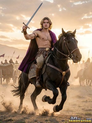 Shirtless youthful man riding a black horse with a raised sword