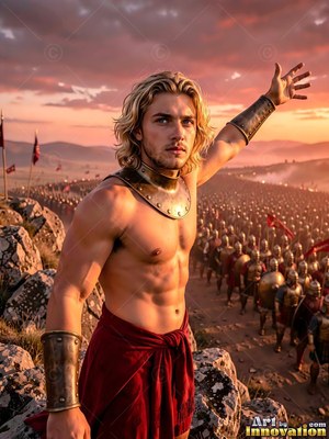 A bare-chested young adult man in a red wrap raises his arm before an army at sunset