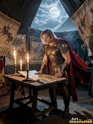 A man dressed in bronze armor studies a map inside a tent lit by candles and the moon