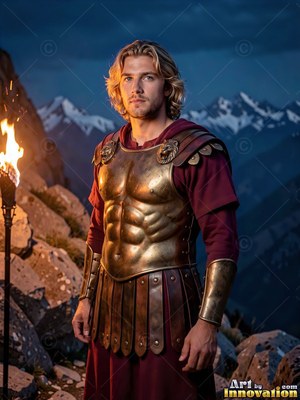 Standing straight on a rocky mountain, a man clad in bronze armor looks forward by a torch