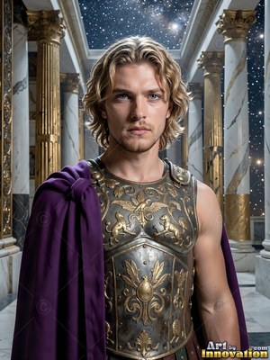 A fair-haired man in bronze armor and a purple cloak stands between marble columns