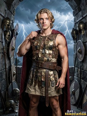 In a stone archway before lightning, a blond man stands in scale armor and a red cape
