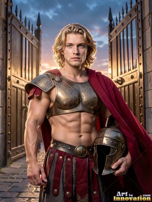 Standing by open city gates, a blond man holds a bronze helmet in a red cloak